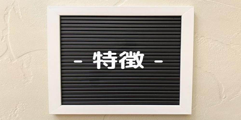 特徴と書かれた白い額縁の黒板が壁に掛けられているシンプルなイメージ