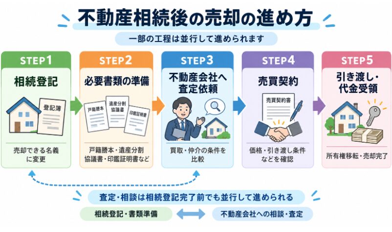 相続登記、必要書類の準備、不動産会社への査定依頼、売買契約、引き渡しまでの5ステップを示した図解。相続登記や書類準備と、不動産会社への相談・査定は一部並行して進められることも表している。