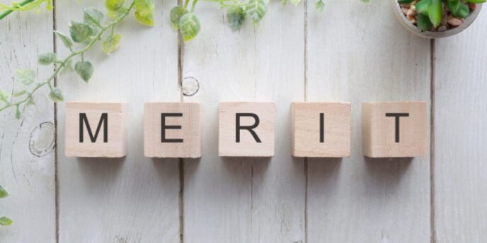 木製のテーブルの上に「MERIT」と書かれたブロックが並び、周囲に緑の植物が添えられている画像