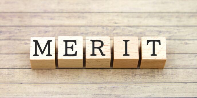 「MERIT」と書かれた木製ブロックが並ぶ画像
