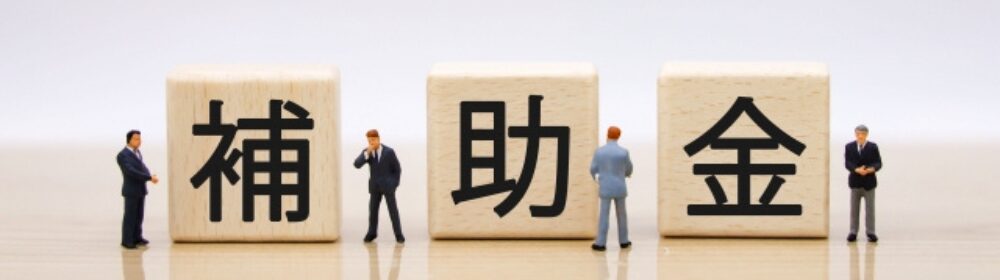 補助金」と書かれた木製ブロックと、それを囲むビジネスマン
