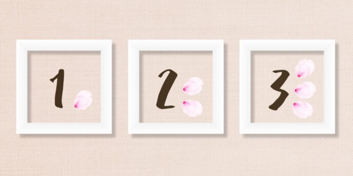 ベージュの背景に白い額縁が3つ並び、それぞれに「1」「2」「3」の数字と桜の花びらがあしらわれた順序表示イメージ