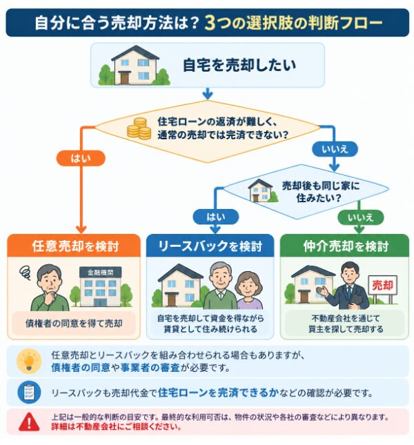 リースバック・任意売却・仲介売却の選択フロー図