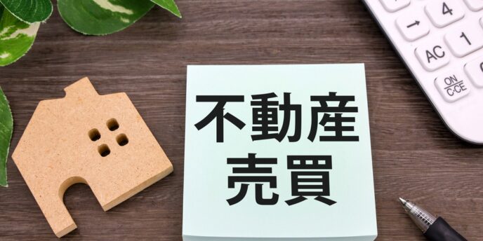 「不動産売買」のメモと家の模型、電卓が並ぶ画像