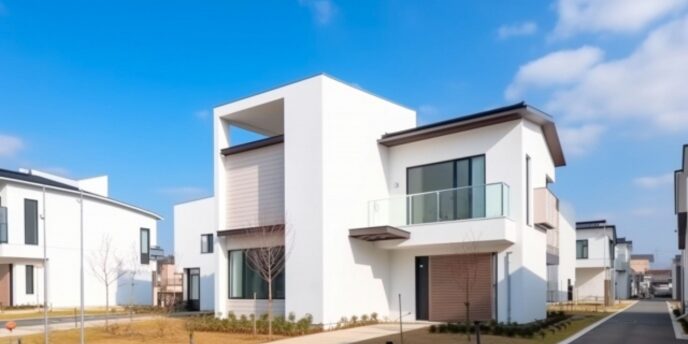 新築住宅が並ぶ現代的な住宅街の外観