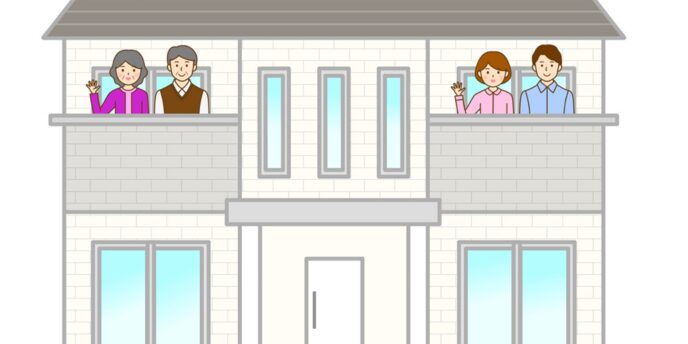 二世帯住宅のイラスト、家族の住み分けや住宅の共有イメージ